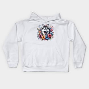 A siberian husky decorated with beautiful colorful flowers. Kids Hoodie